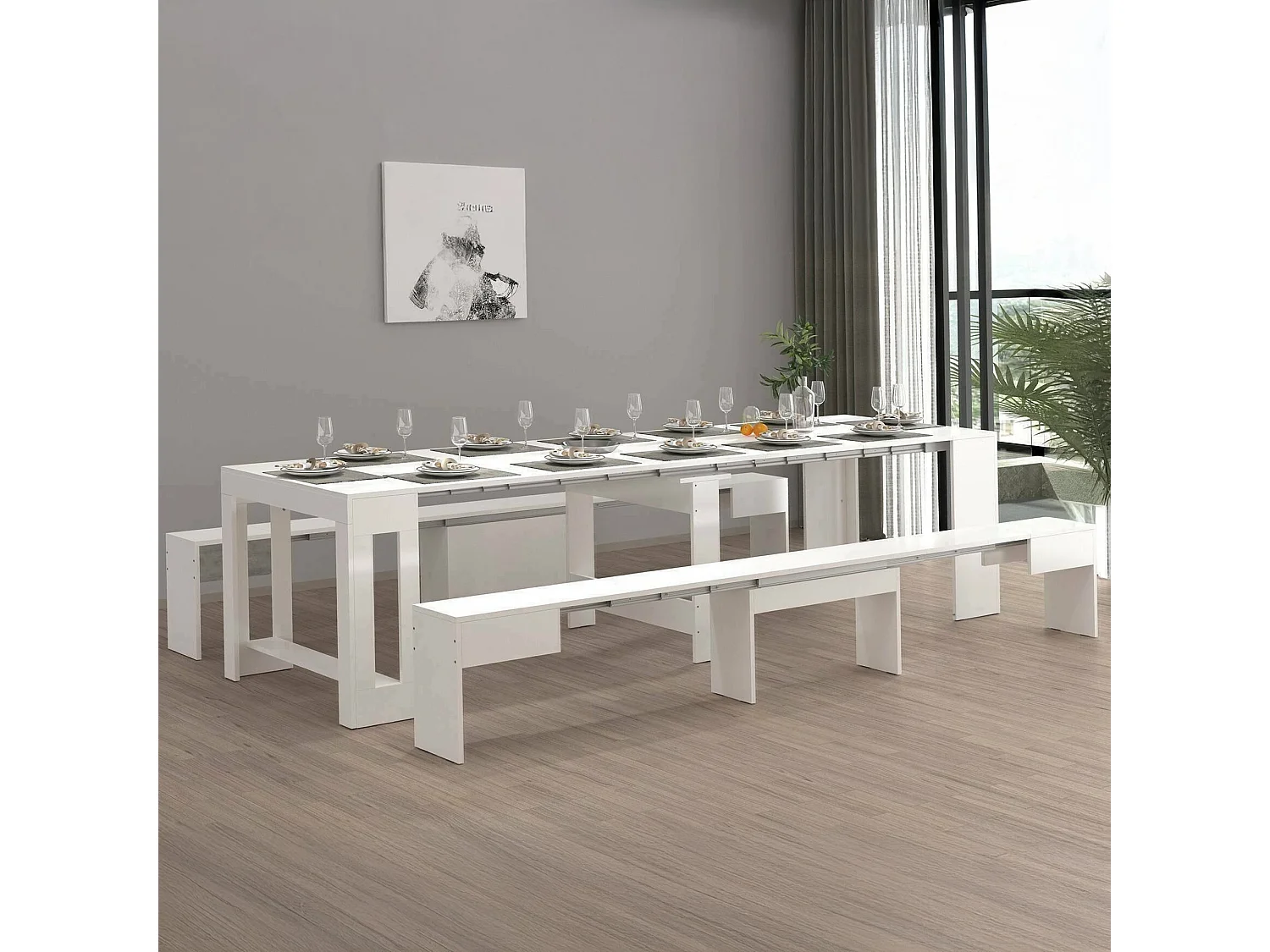 Ensemble table et chaises Dadamoni, Composition polyvalente, Ensemble avec console et 2 bancs extensibles, 100% Made in Italy, 66x25h45 cm, Blanc brillant