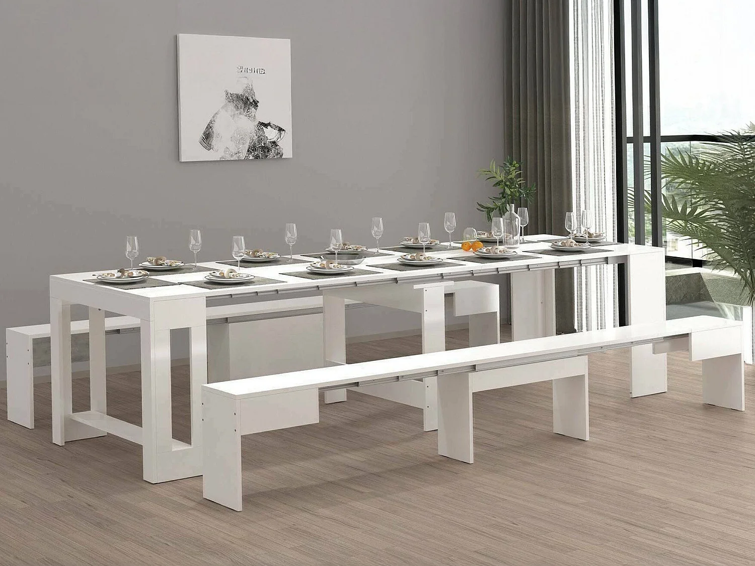 Dadamoni tafel- en stoelenset, Multifunctionele samenstelling, Set met console en 2 uitschuifbare banken, 100% Made in Italy, 66x25h45 cm, Glanzend wit