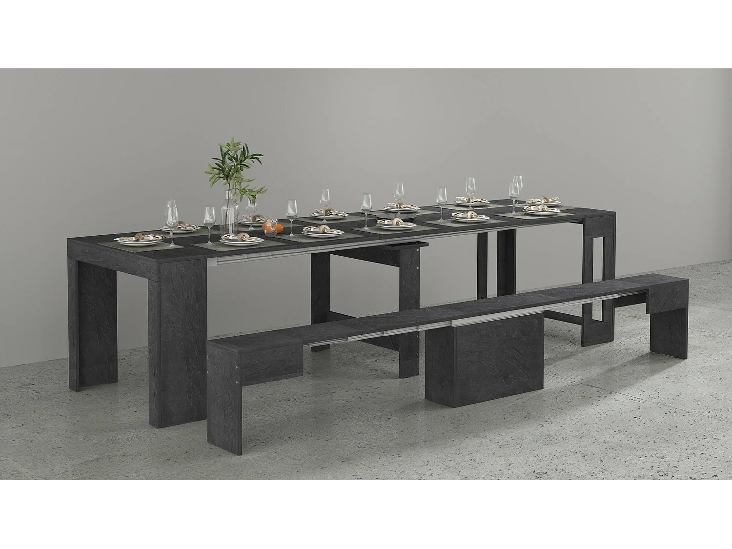 Ensemble table et chaises Dardizzon, Composition polyvalente, Ensemble avec console et 1 banc extensible, 100% Made in Italy, 66x25h45 cm, Ardoise