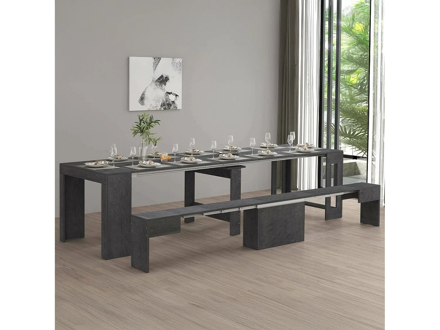 Ensemble table et chaises Dardizzon, Composition polyvalente, Ensemble avec console et 1 banc extensible, 100% Made in Italy, 66x25h45 cm, Ardoise