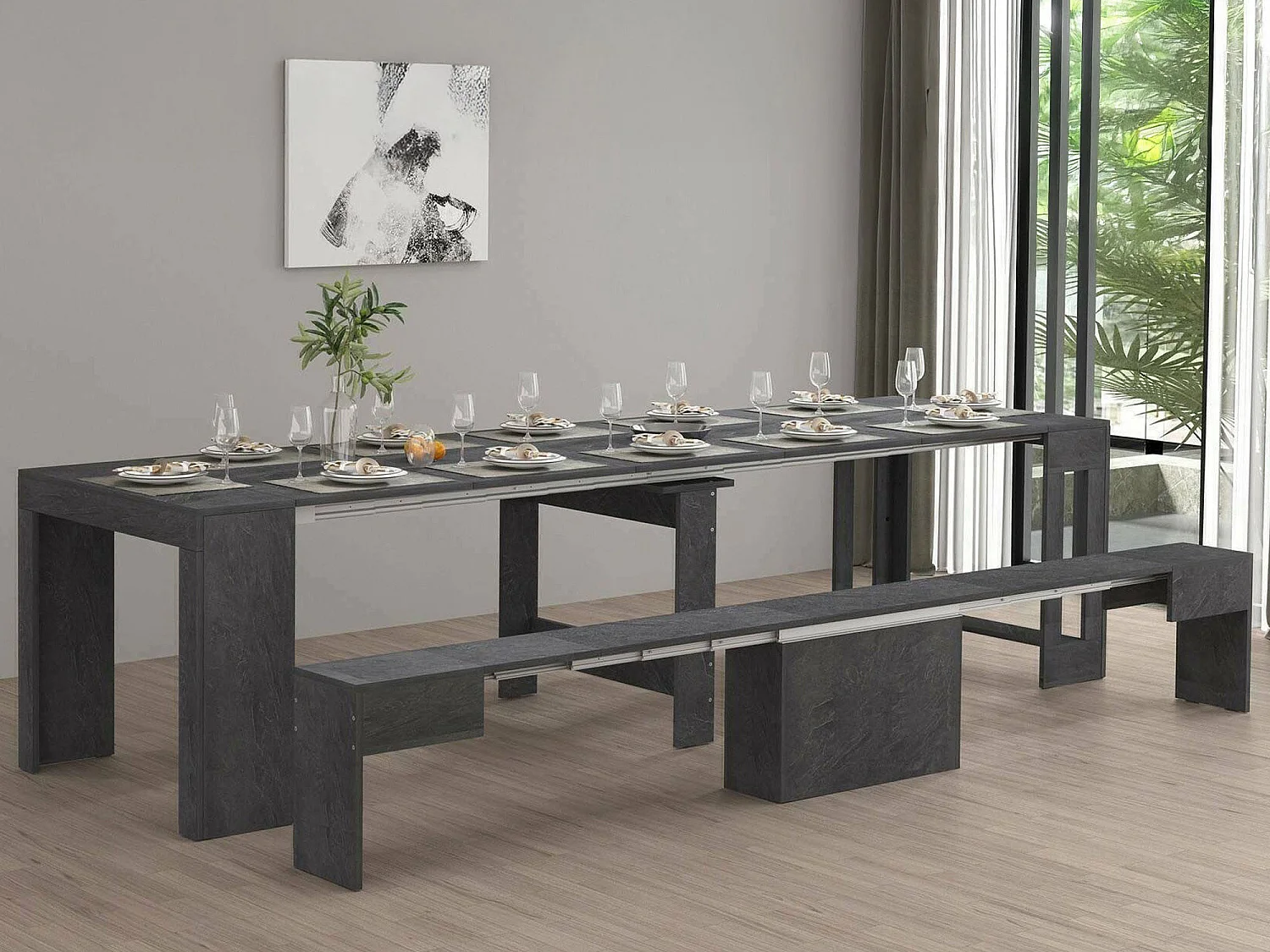Conjunto de mesa e cadeiras Dardizzon, Composição polivalente, Conjunto com consola e 1 banco extensível, 100% Fabricado em Itália, 66x25h45 cm, Ardósia