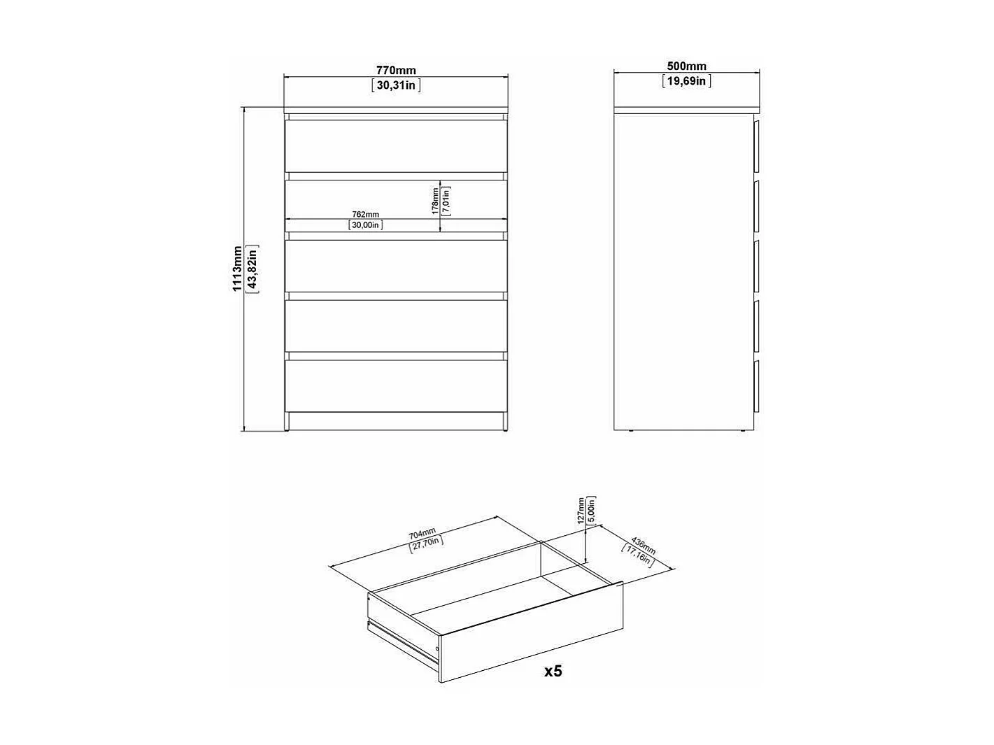 Cajonera Drivalt, Cómoda multiusos, Cómoda de dormitorio, Gabinete con cajones, 77x50 h111 cm, Blanco