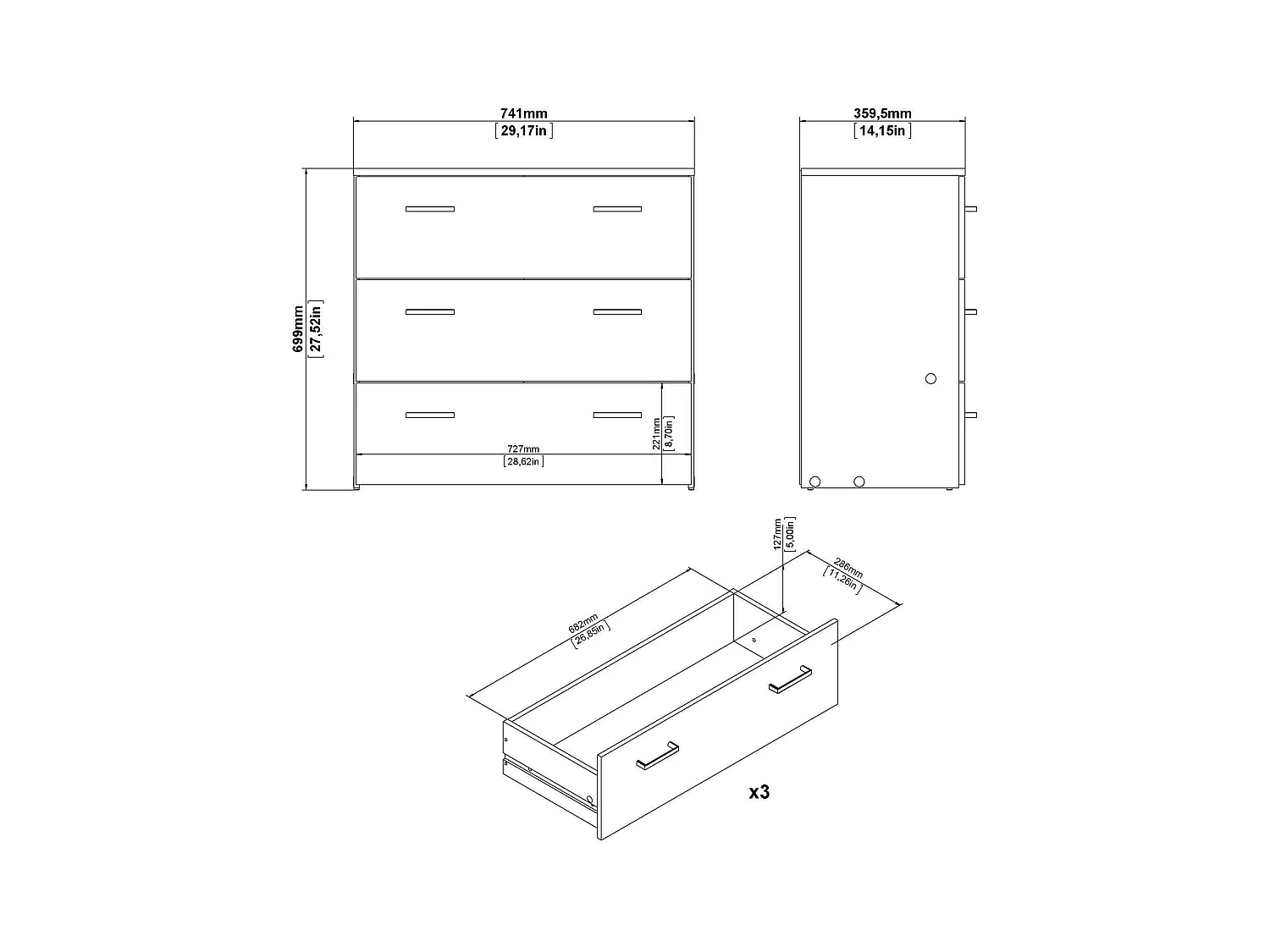 Commode Drenaul, Commode polyvalente, Commode de chambre, Meuble avec tiroirs, 74x36 h70 cm, Blanc