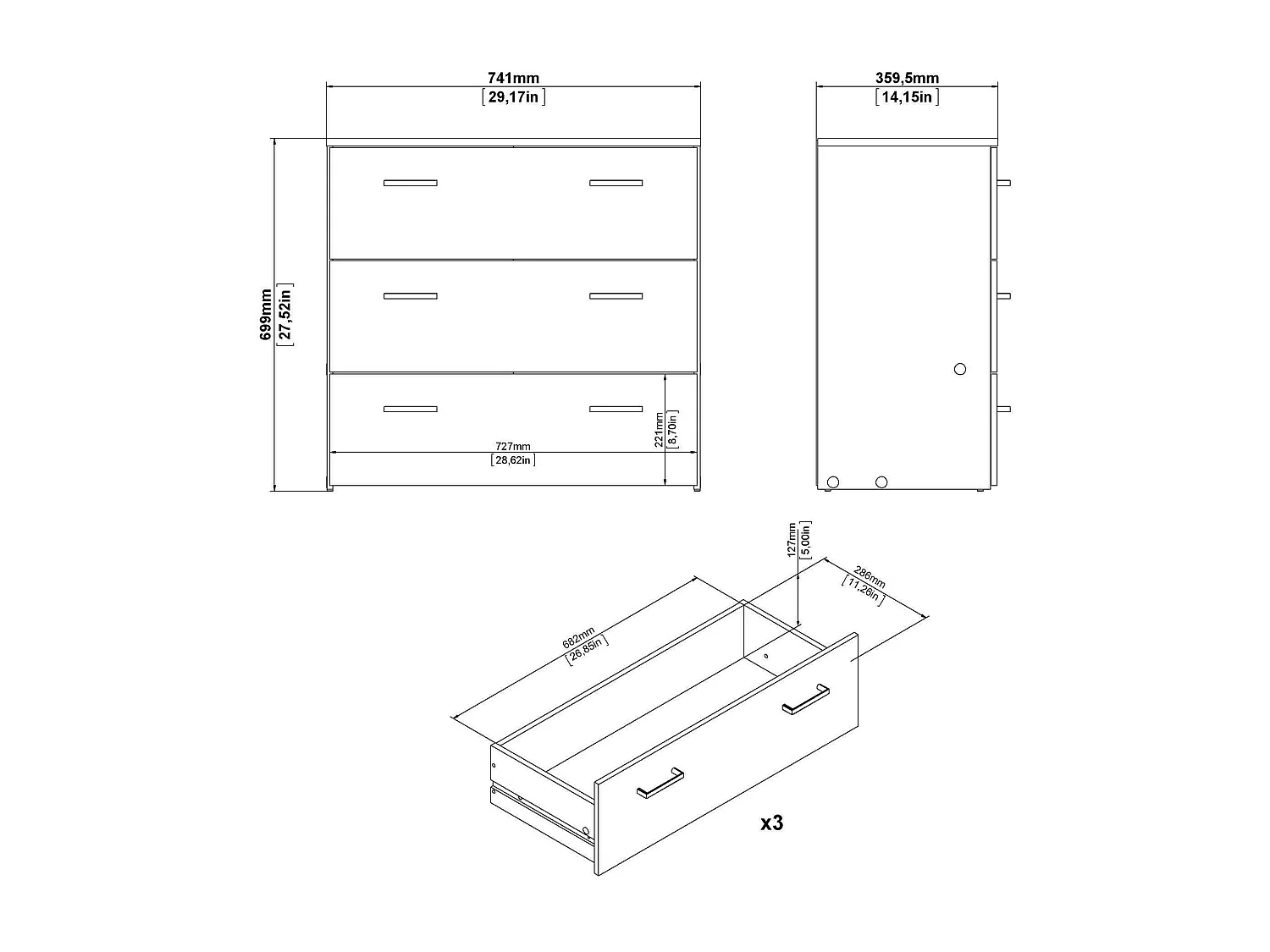 Drenaul ladekast, Multifunctionele ladekast, Slaapkamerdressoir, Kast met laden, 74x36 h70 cm, Wit
