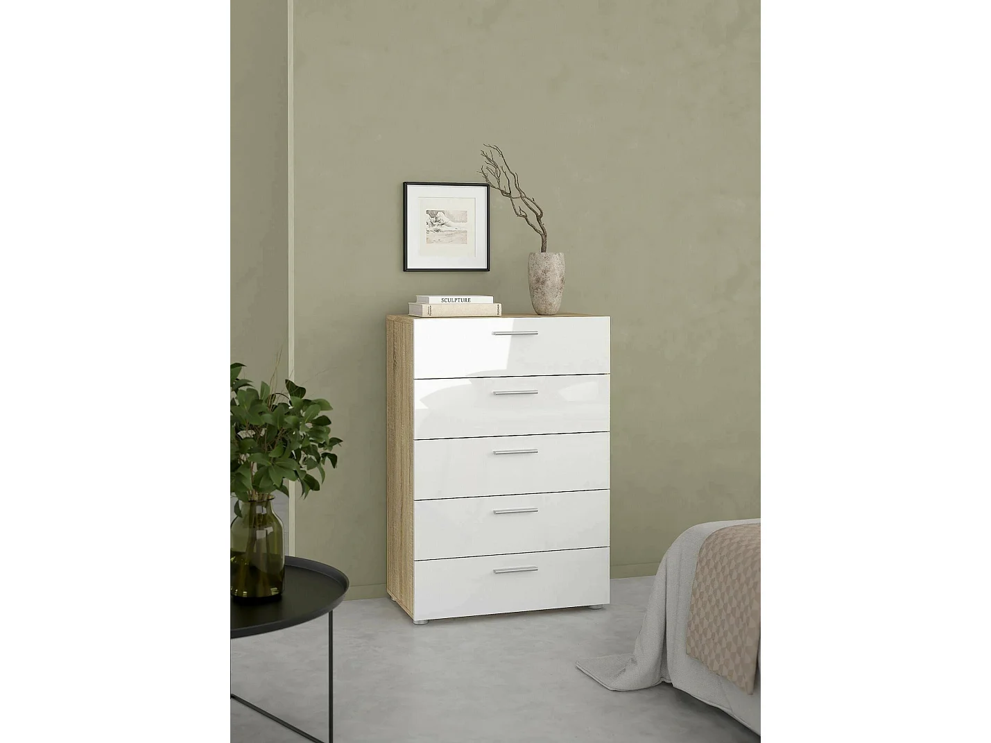 Kommode Drosell, Mehrzweckkommode, Schlafzimmerkommode, Schrank mit Schubladen, 70x40 h102 cm, Eiche und WeiÃŸ