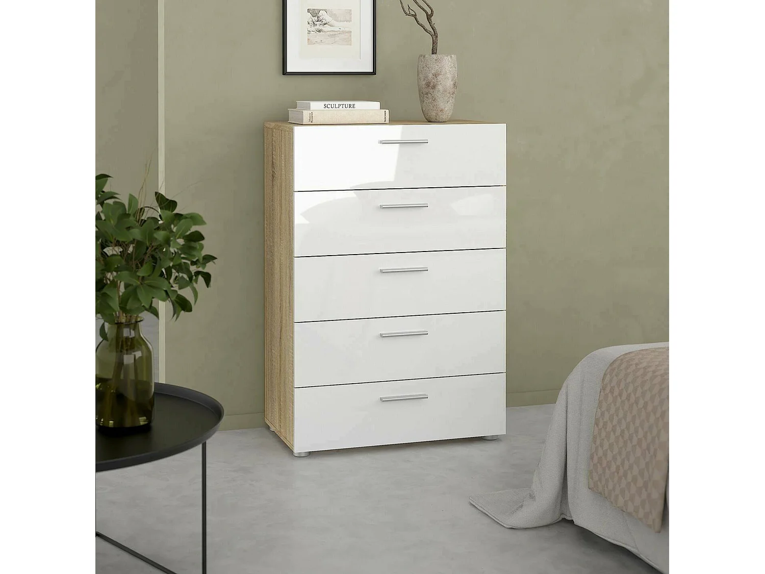 Commode Drosell, Commode polyvalente, Commode de chambre, Meuble avec tiroirs, 70x40 h102 cm, Chêne et Blanc