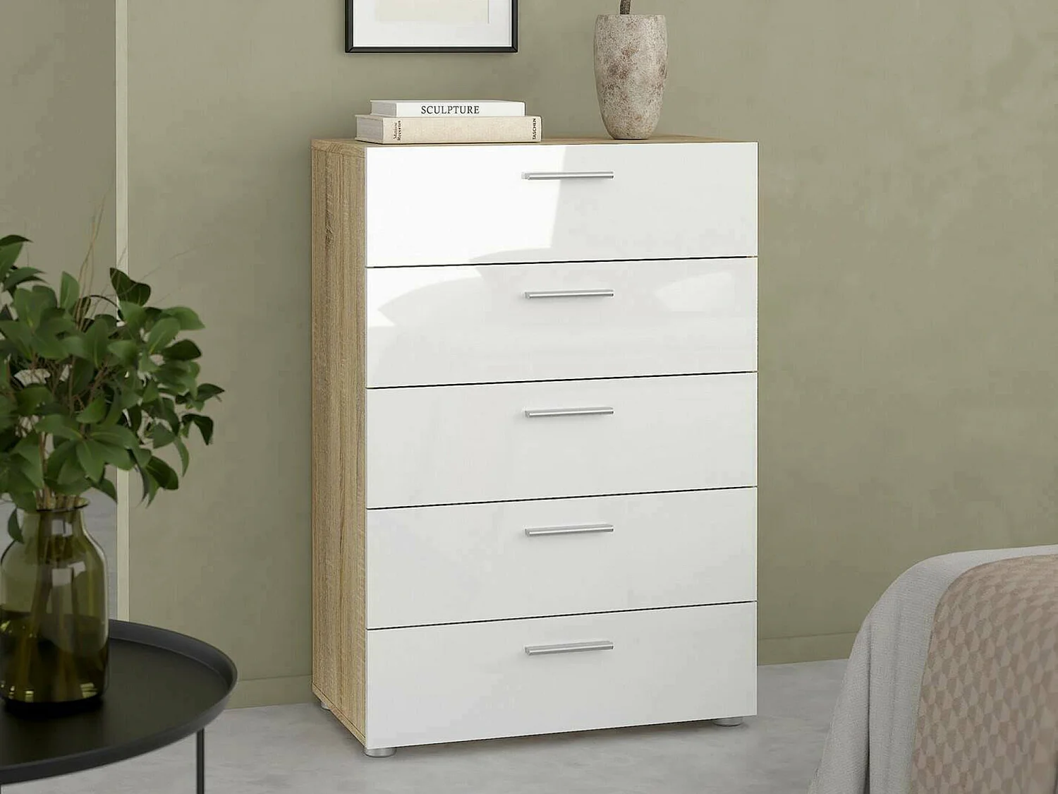 Commode Drosell, Commode polyvalente, Commode de chambre, Meuble avec tiroirs, 70x40 h102 cm, Chêne et Blanc