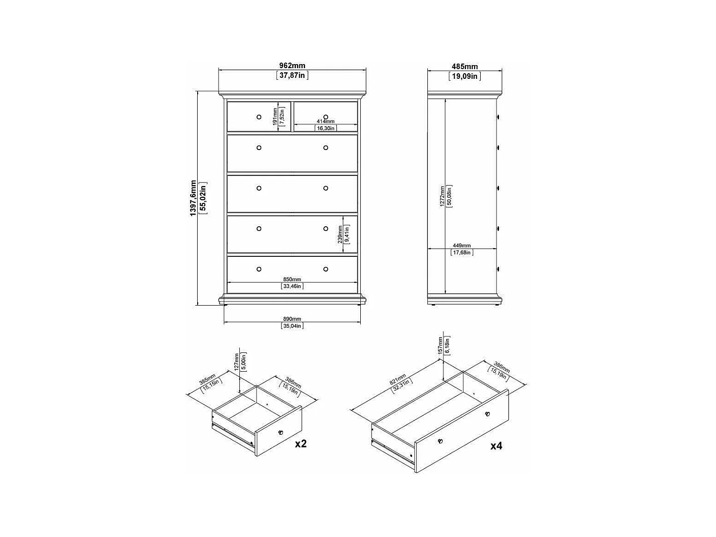 Commode Drighett, Commode polyvalente, Commode de chambre, Meuble avec tiroirs, 96x49 h139 cm, Gris
