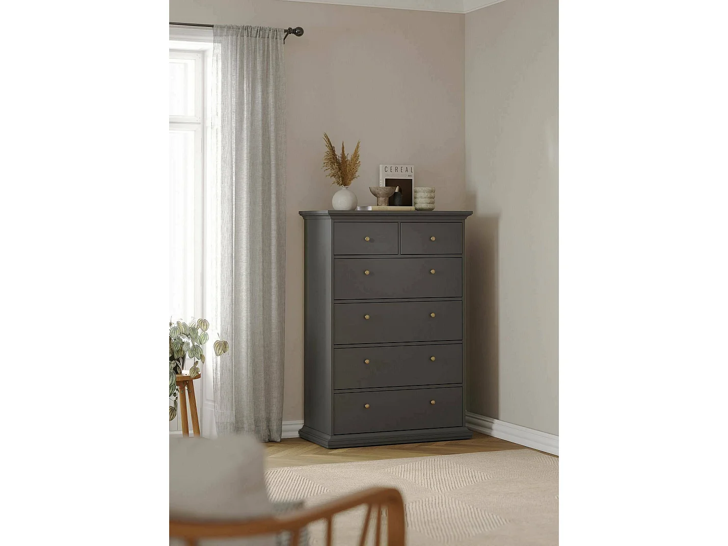 Cómoda Drighett, Cómoda multiusos, Cómoda de quarto, Armário com gavetas, 96x49 h139 cm, Cinza