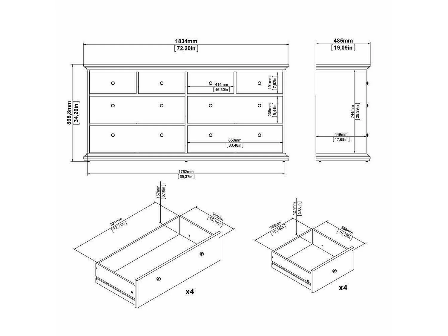 Kommode Drinaud, Mehrzweckkommode, Schlafzimmerkommode, Schrank mit Schubladen, 183x49 h87 cm, WeiÃŸ