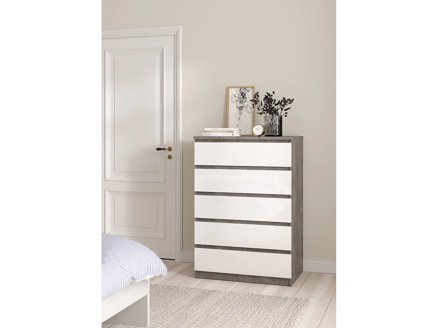 Cajonera Drivalt, Cómoda multiusos, Cómoda de dormitorio, Gabinete con cajones, 77x50 h111 cm, Cemento y Blanco