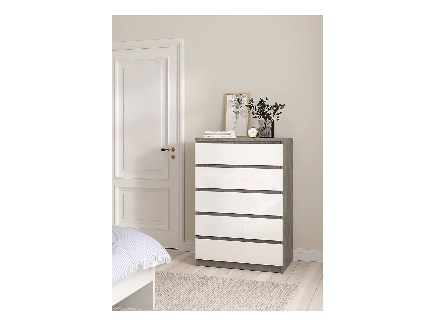 Commode Drivalt, Commode polyvalente, Commode de chambre, Meuble avec tiroirs, 77x50 h111 cm, Ciment et blanc