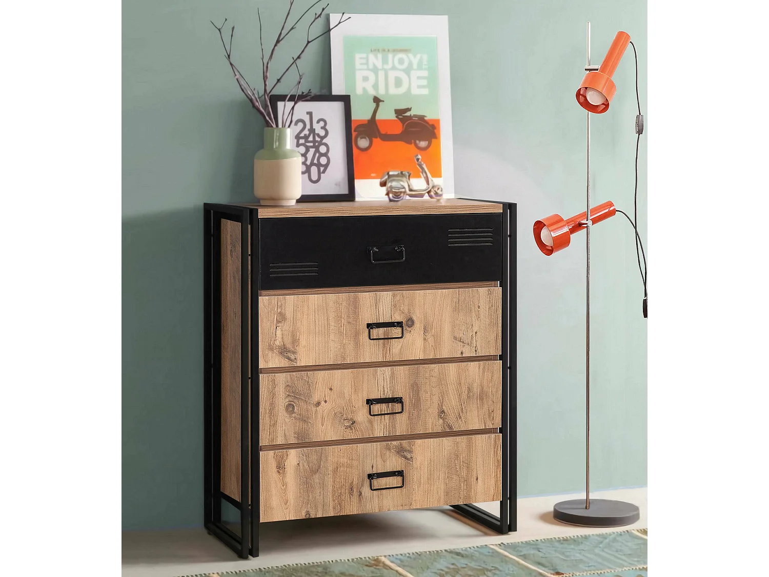 Dodermat ladekast, Multifunctionele ladekast, Slaapkamerladekast, Kast met lades, 90x40 h100 cm, Eiken en Zwart