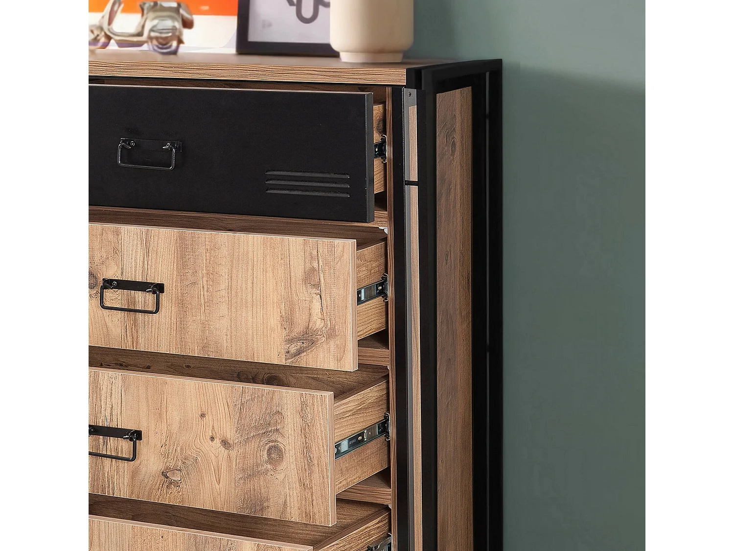 Dodermat ladekast, Multifunctionele ladekast, Slaapkamerladekast, Kast met lades, 90x40 h100 cm, Eiken en Zwart