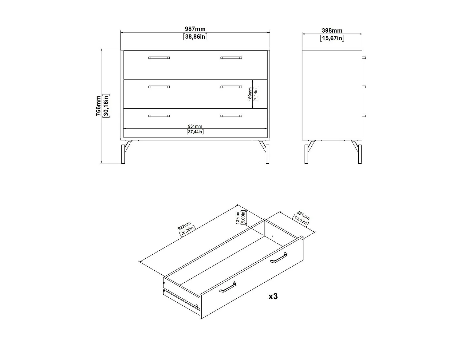 Kommode Drenn, Mehrzweckkommode, Schlafzimmerkommode, Schrank mit Schubladen, 99x40 h77 cm, Schwarz