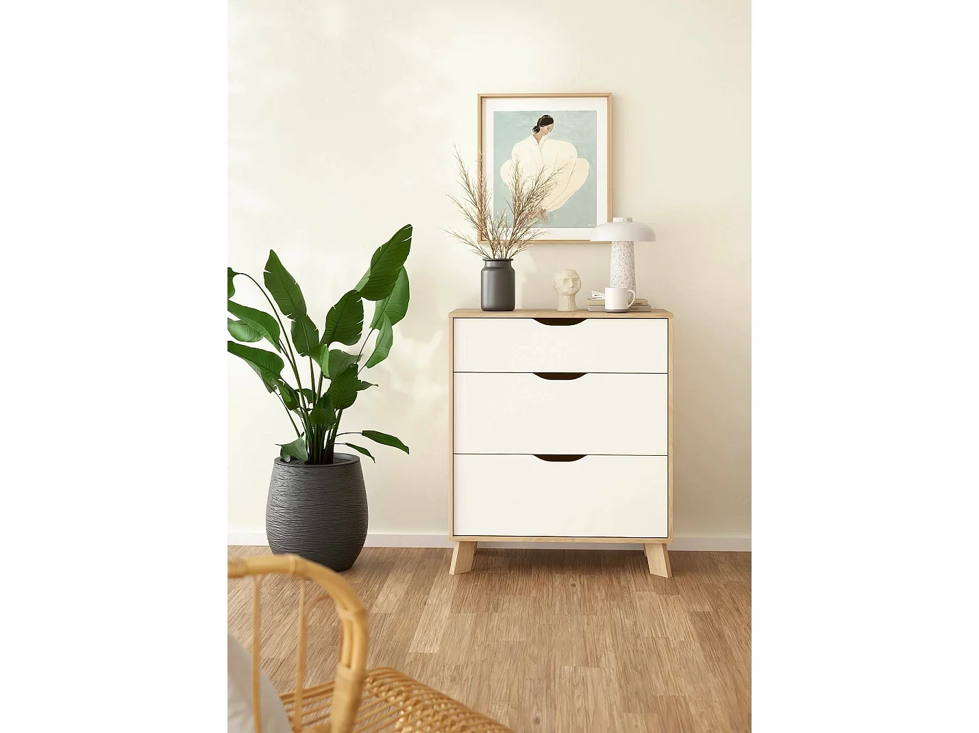 Drinco ladekast, Multifunctionele ladekast, Slaapkamerdressoir, Kast met laden, 79x40 h92 cm, Eiken en Wit