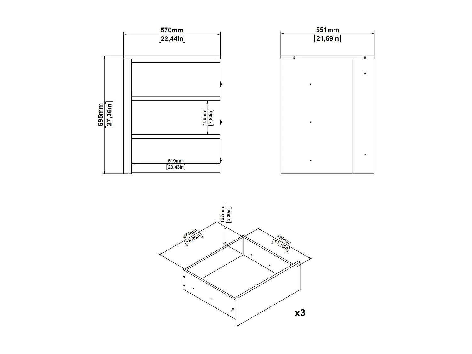 Droncol ladekast, Multifunctionele ladekast, Slaapkamerdressoir, Kast met laden, 57x55 h70 cm, Wit