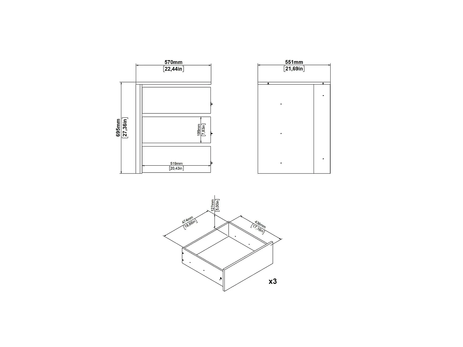 Commode Droncol, Commode polyvalente, Commode de chambre, Meuble avec tiroirs, 57x55 h70 cm, Blanc