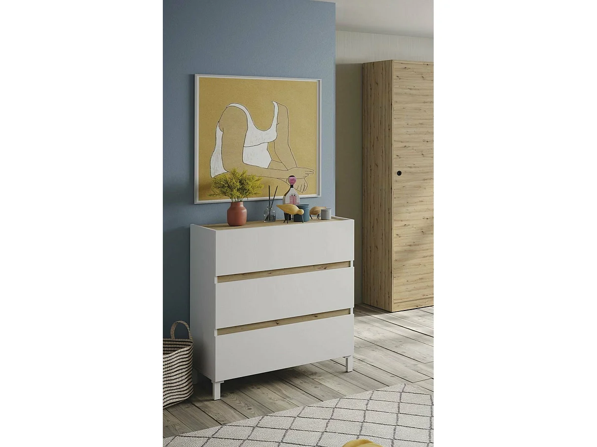 Kommode Dzenon, Mehrzweckkommode, Schlafzimmerkommode, Schrank mit Schubladen, 79x41 h91 cm, Weiß und Knoteneiche