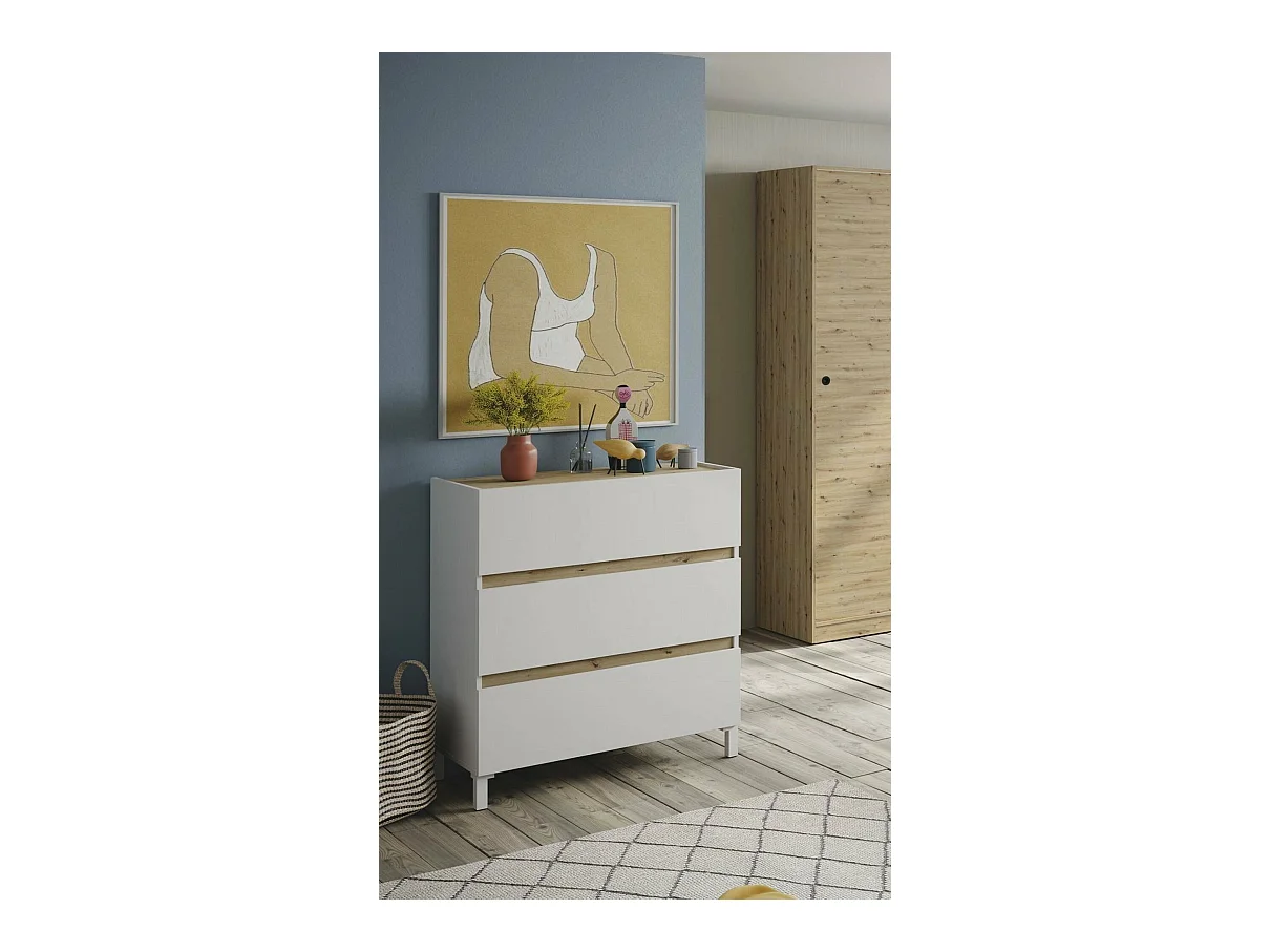 Dmora - Cassettiera Teddy, 79x41 h91 cm, Bianco e Rovere Nodi