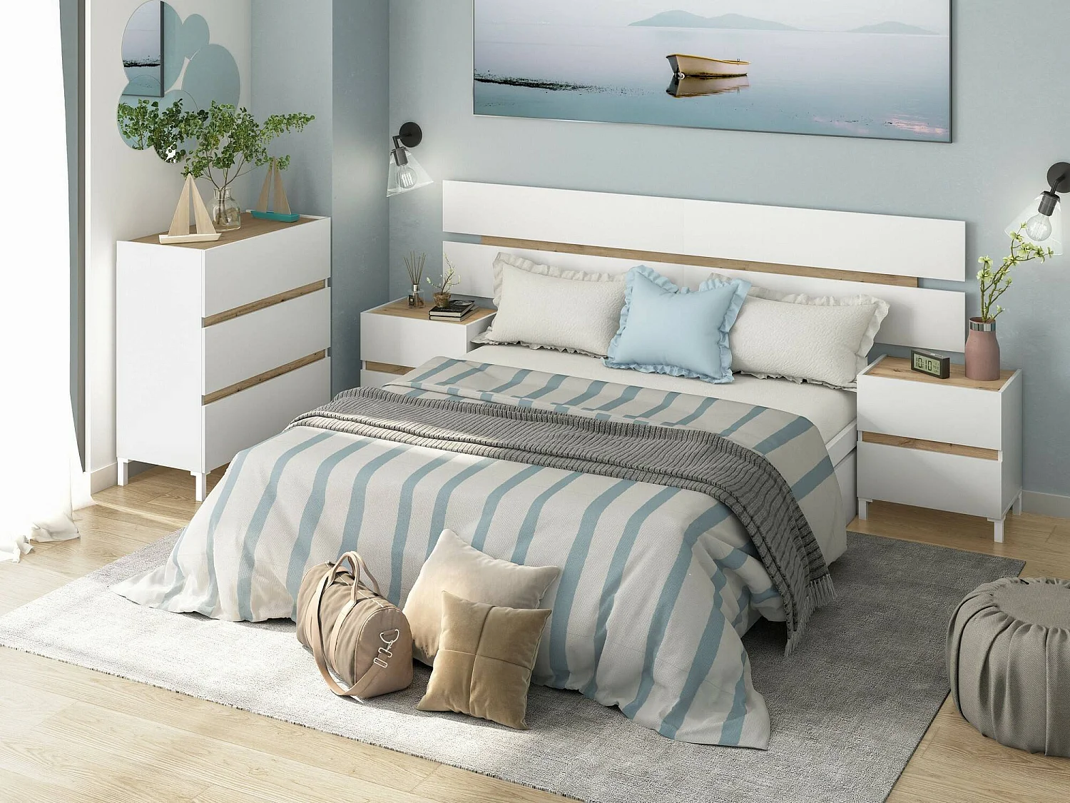 Commode Dzenon, Commode polyvalente, Commode de chambre, Meuble avec tiroirs, 79x41 h91 cm, Blanc et n?uds de chêne clair