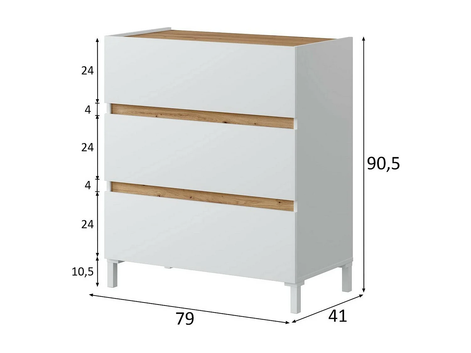 Kommode Dzenon, Mehrzweckkommode, Schlafzimmerkommode, Schrank mit Schubladen, 79x41 h91 cm, WeiÃŸ und Knoteneiche