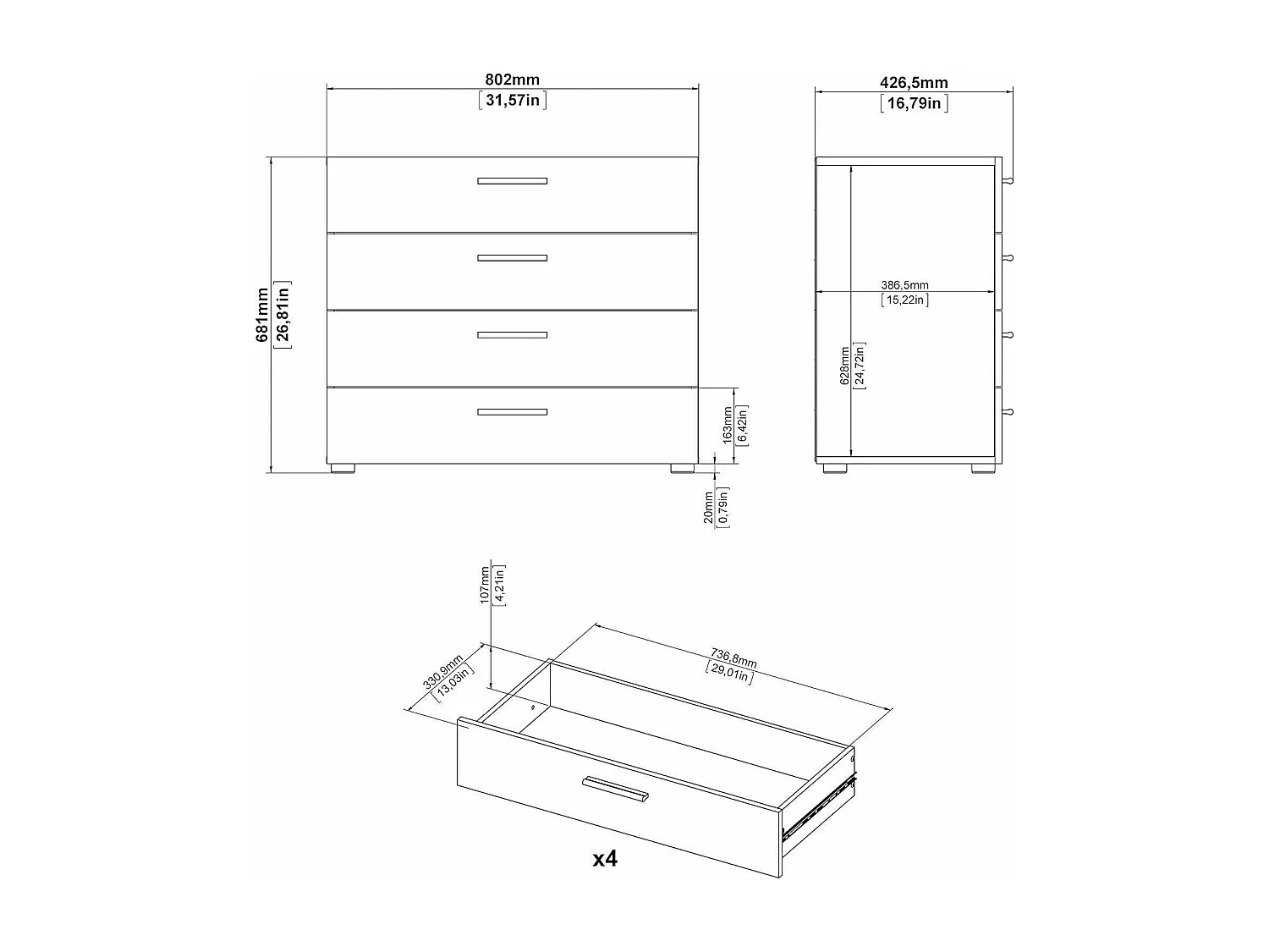 Ladekast, Multifunctionele ladekast, Slaapkamerladekast, Kast met lades, 80x40 h68 cm, Wit