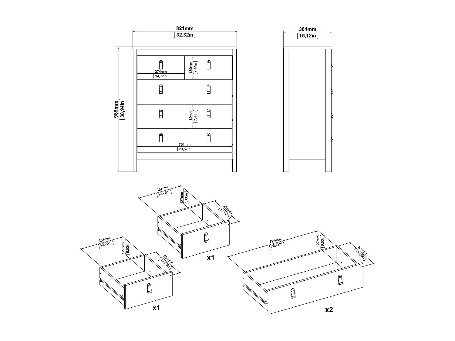 Drizzol ladekast, Multifunctionele ladekast, Slaapkamerdressoir, Kast met laden, 82x38 h99 cm, Wit