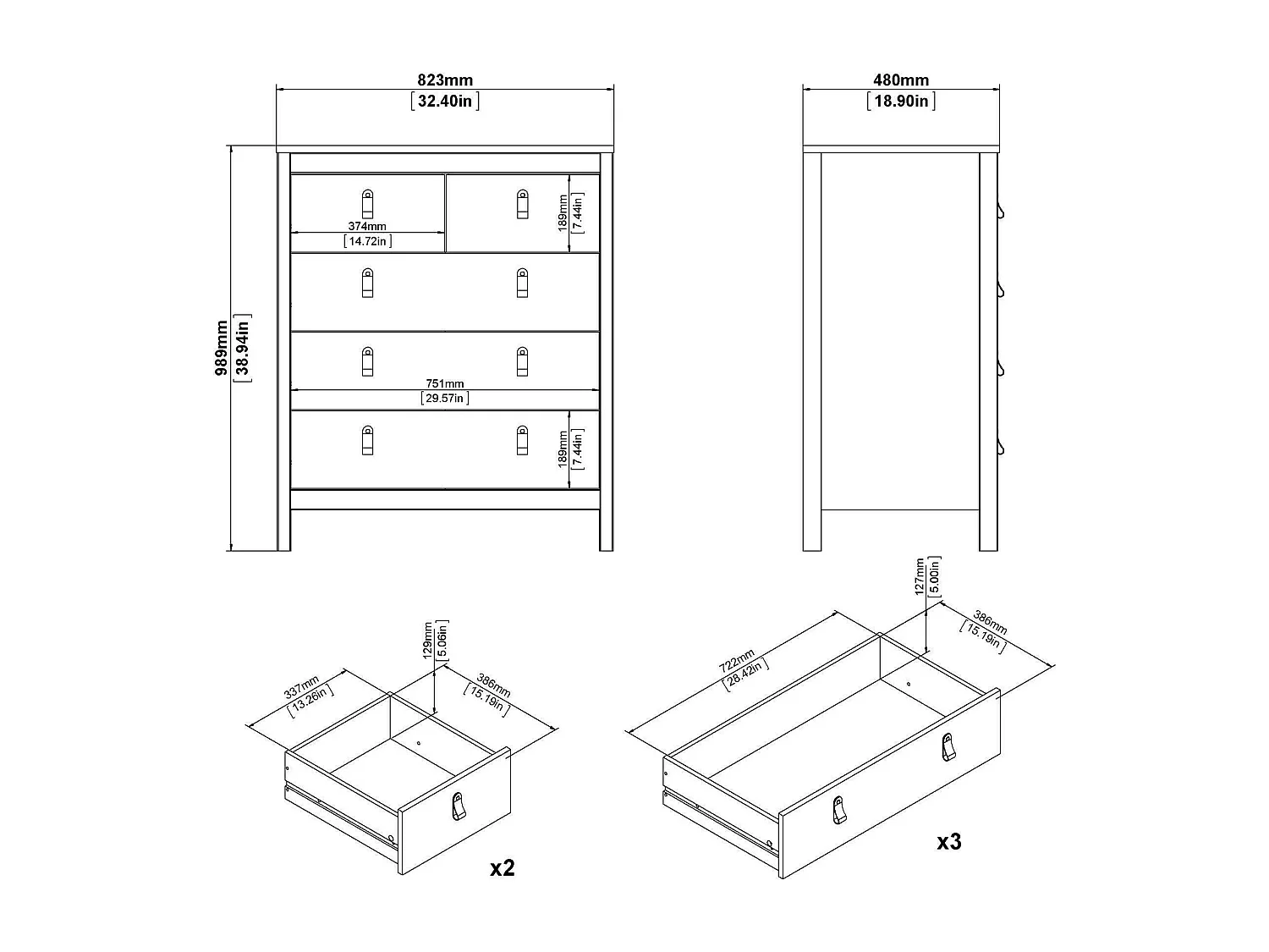 Commode Drodi, Commode polyvalente, Commode de chambre, Meuble avec tiroirs, 82x48 h99 cm, Blanc
