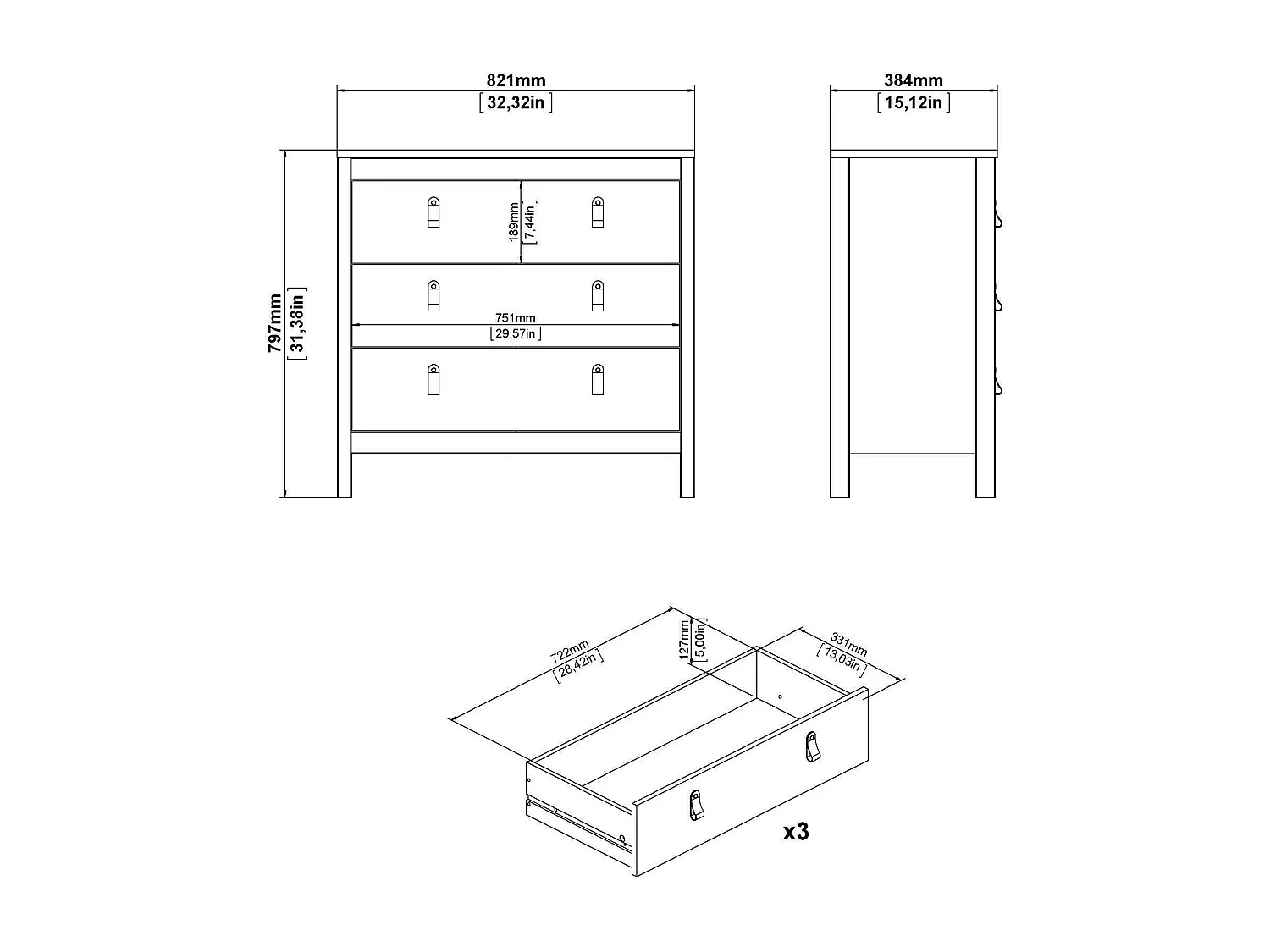 Kommode Drobbiat, Mehrzweckkommode, Schlafzimmerkommode, Schrank mit Schubladen, 82x38 h80 cm, WeiÃŸ