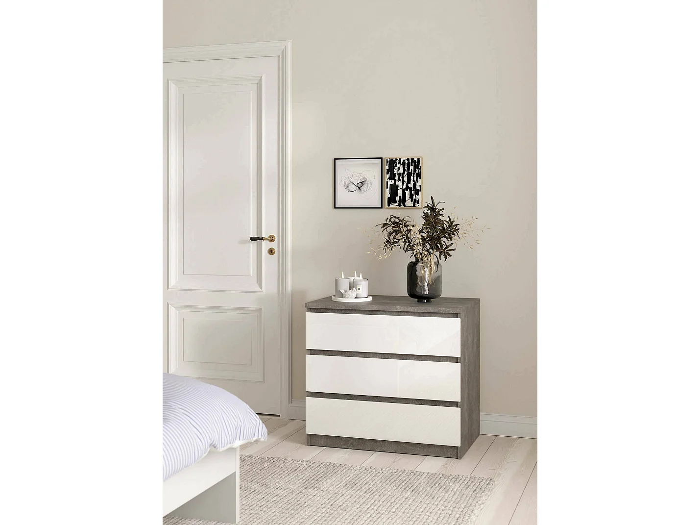 Kommode Drenold, Mehrzweckkommode, Schlafzimmerkommode, Schrank mit Schubladen, 77x50 h70 cm, Zement und WeiÃŸ