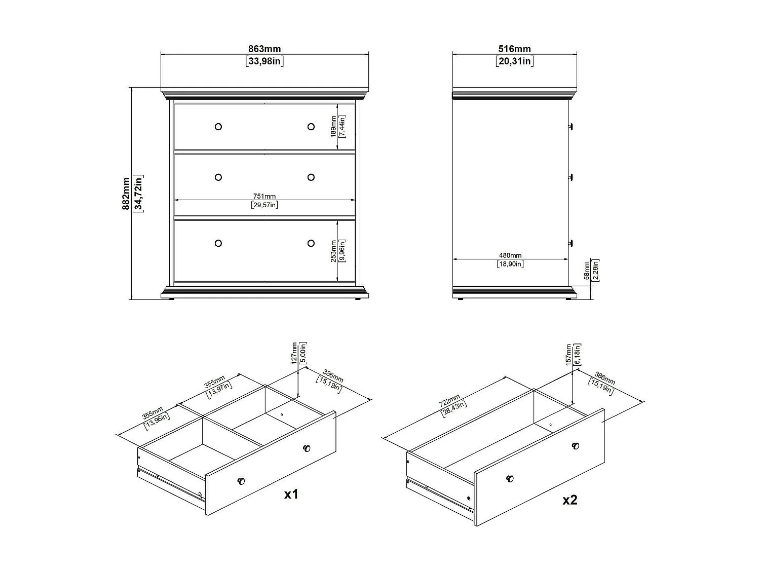 Cómoda Drocch, Cómoda multiusos, Cómoda de quarto, Armário com gavetas, 86x52 h88 cm, Branco
