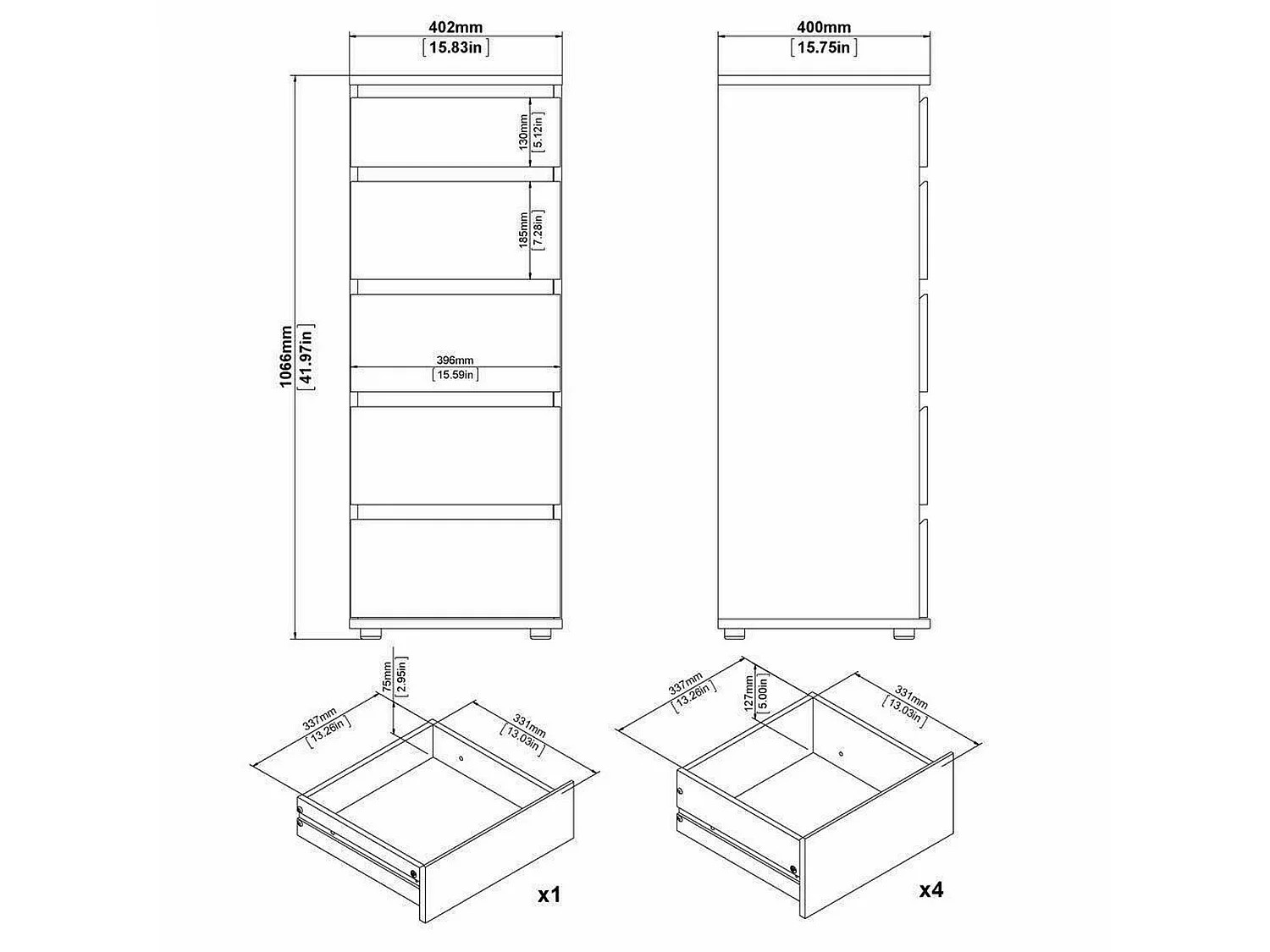 Cassettiera Abelarda, 5 Cassetti, 40x40.2x106.6h cm Bianco