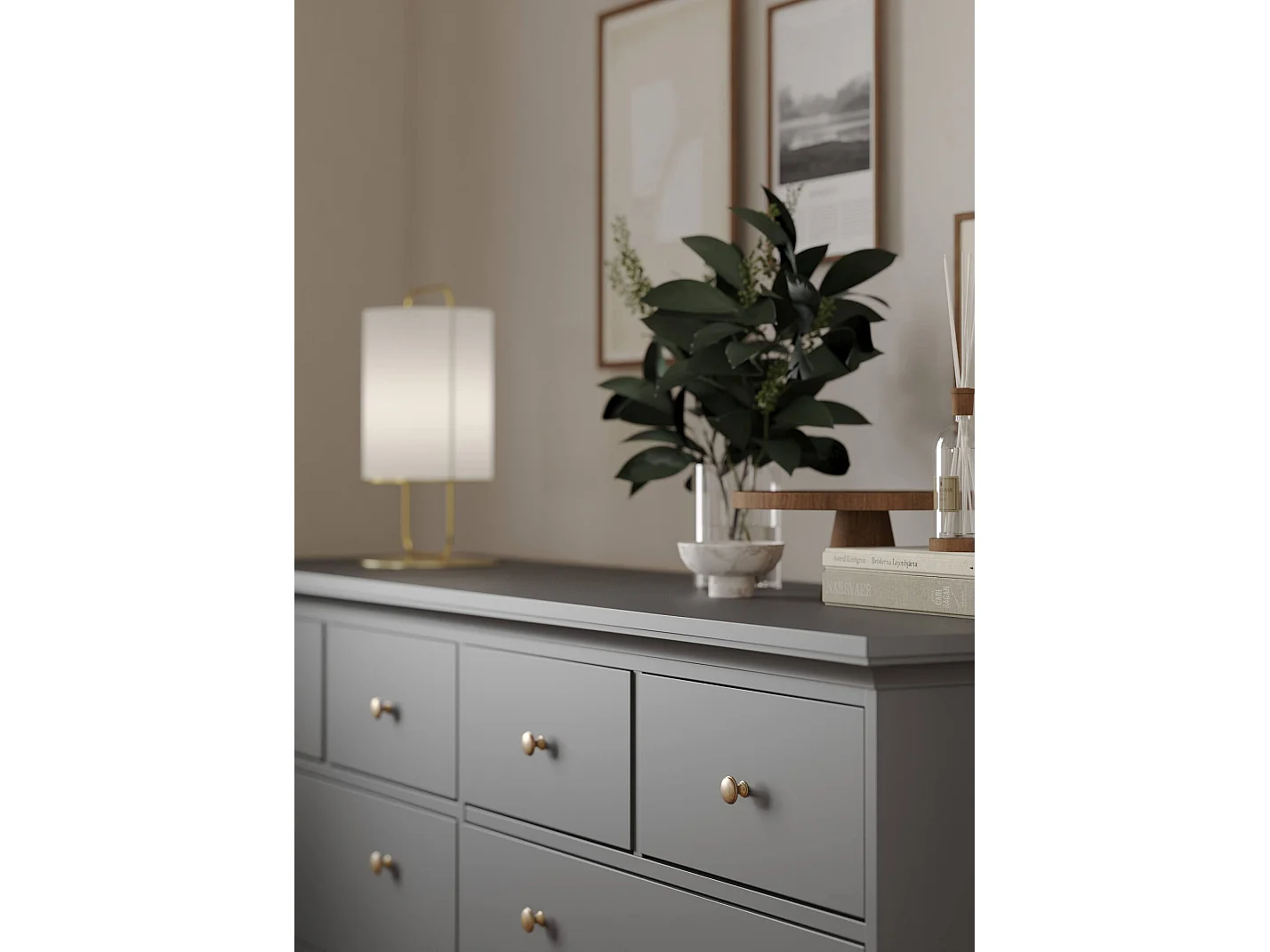 Kommode Drinaud, Mehrzweckkommode, Schlafzimmerkommode, Schrank mit Schubladen, 183x49 h87 cm, Grau