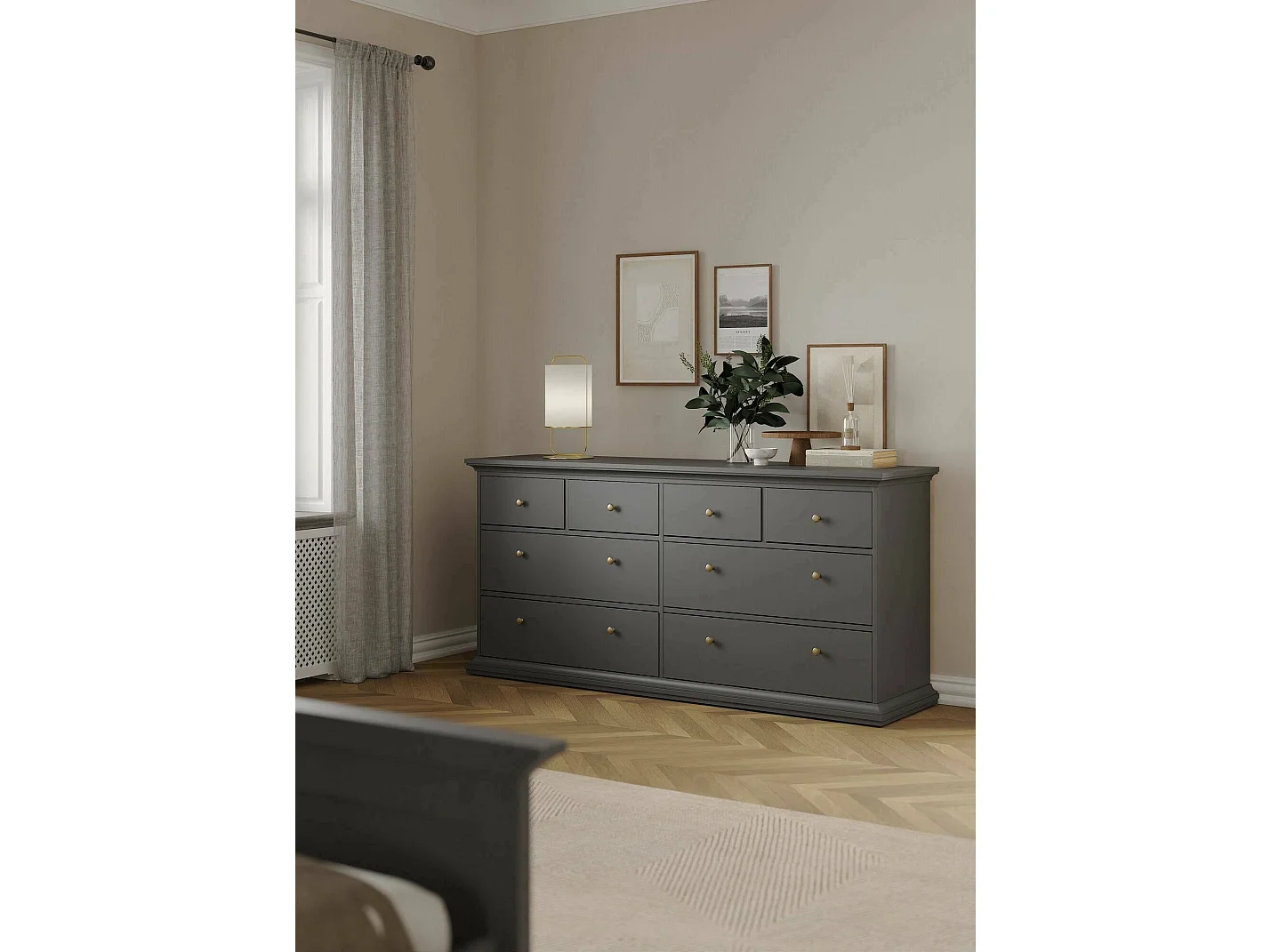 Kommode Drinaud, Mehrzweckkommode, Schlafzimmerkommode, Schrank mit Schubladen, 183x49 h87 cm, Grau