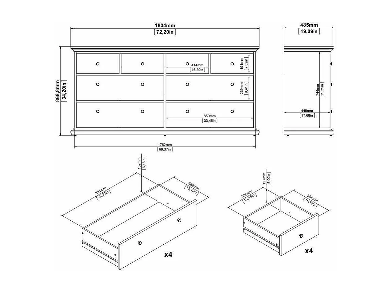 Cassettiera Asiagela, 8 Cassetti, 48.5x183.4x86.88h cm Grigio
