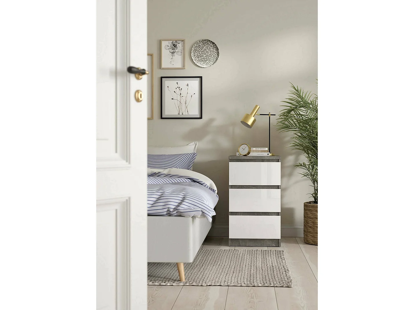 Commode Drepett, Commode polyvalente, Commode de chambre, Meuble avec tiroirs, 50x40 h70 cm, Ciment et blanc