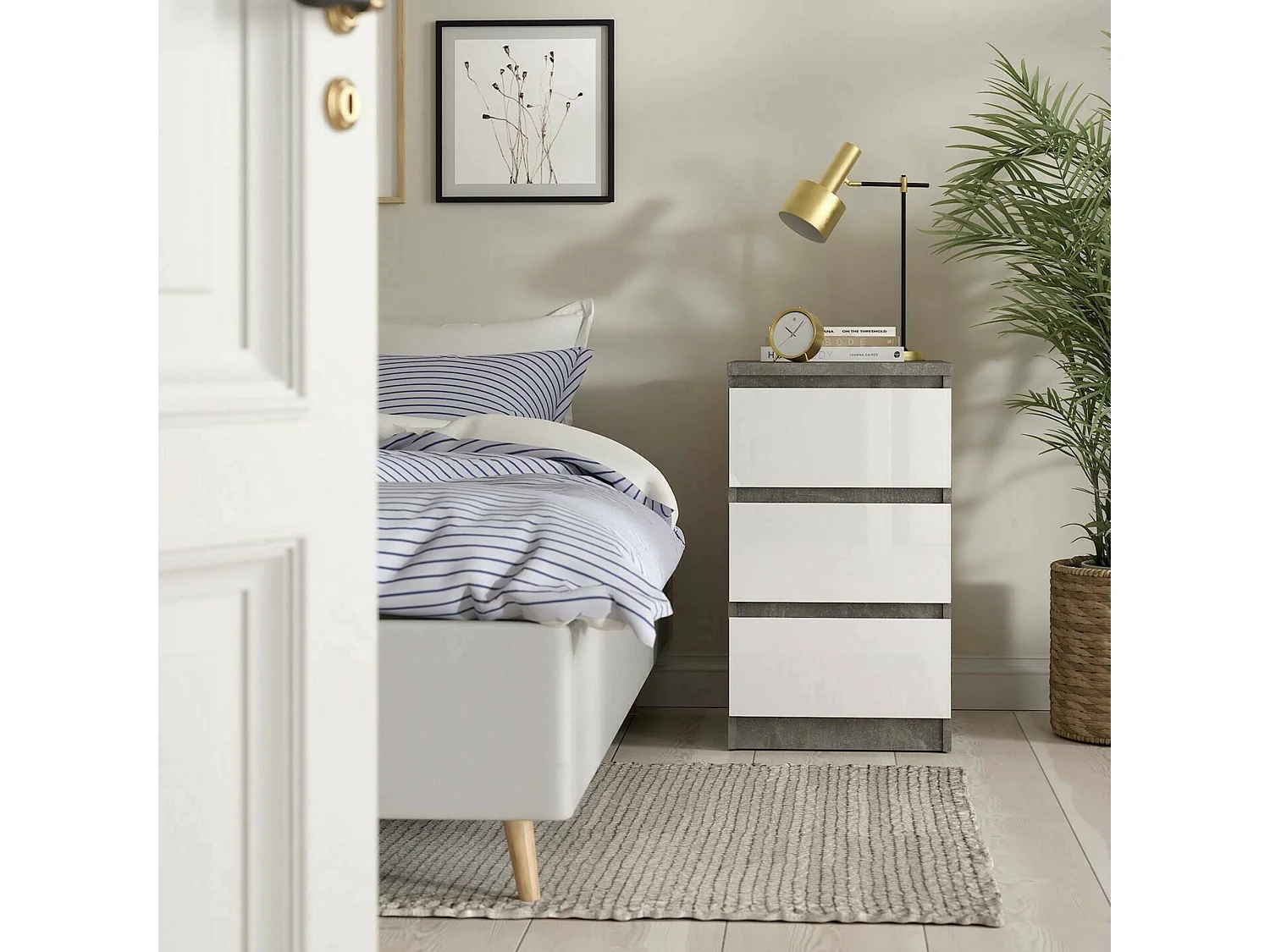 Commode Drepett, Commode polyvalente, Commode de chambre, Meuble avec tiroirs, 50x40 h70 cm, Ciment et blanc