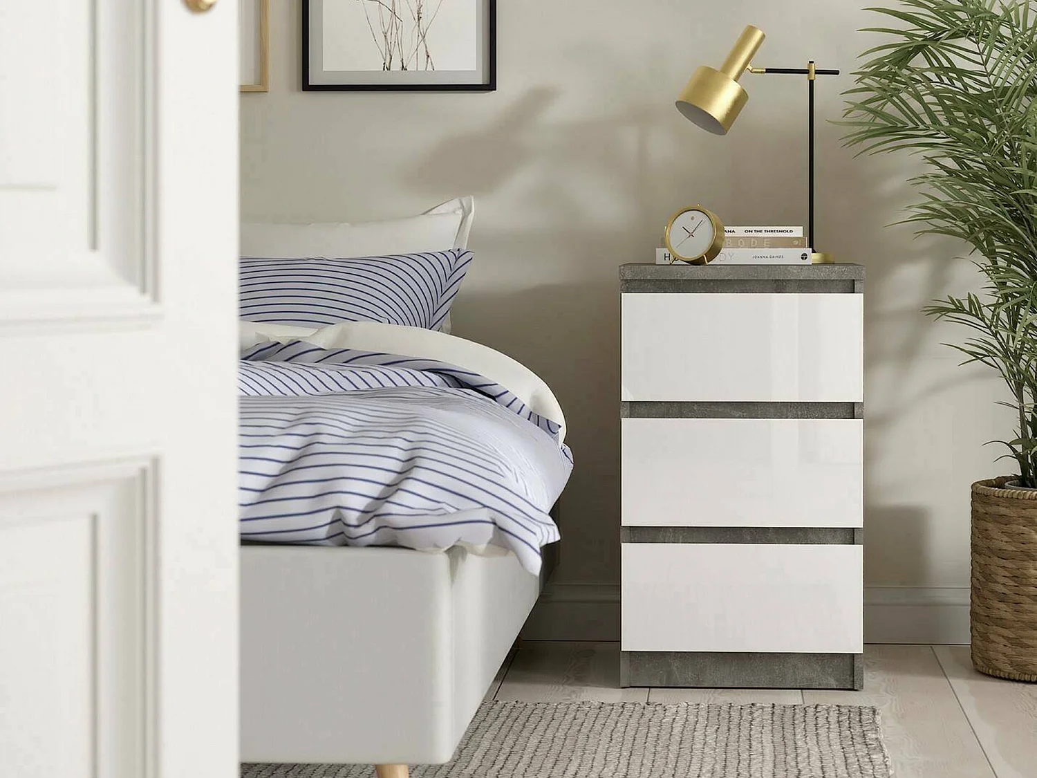 Commode Drepett, Commode polyvalente, Commode de chambre, Meuble avec tiroirs, 50x40 h70 cm, Ciment et blanc