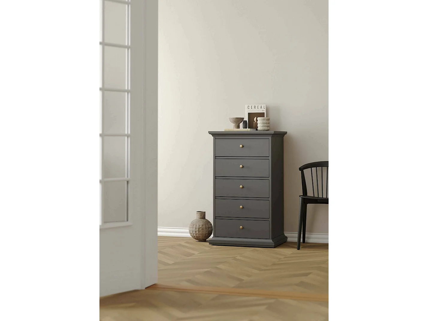 Dricci ladekast, Multifunctionele ladekast, Slaapkamerdressoir, Kast met laden, 63x49 h105 cm, Grijs