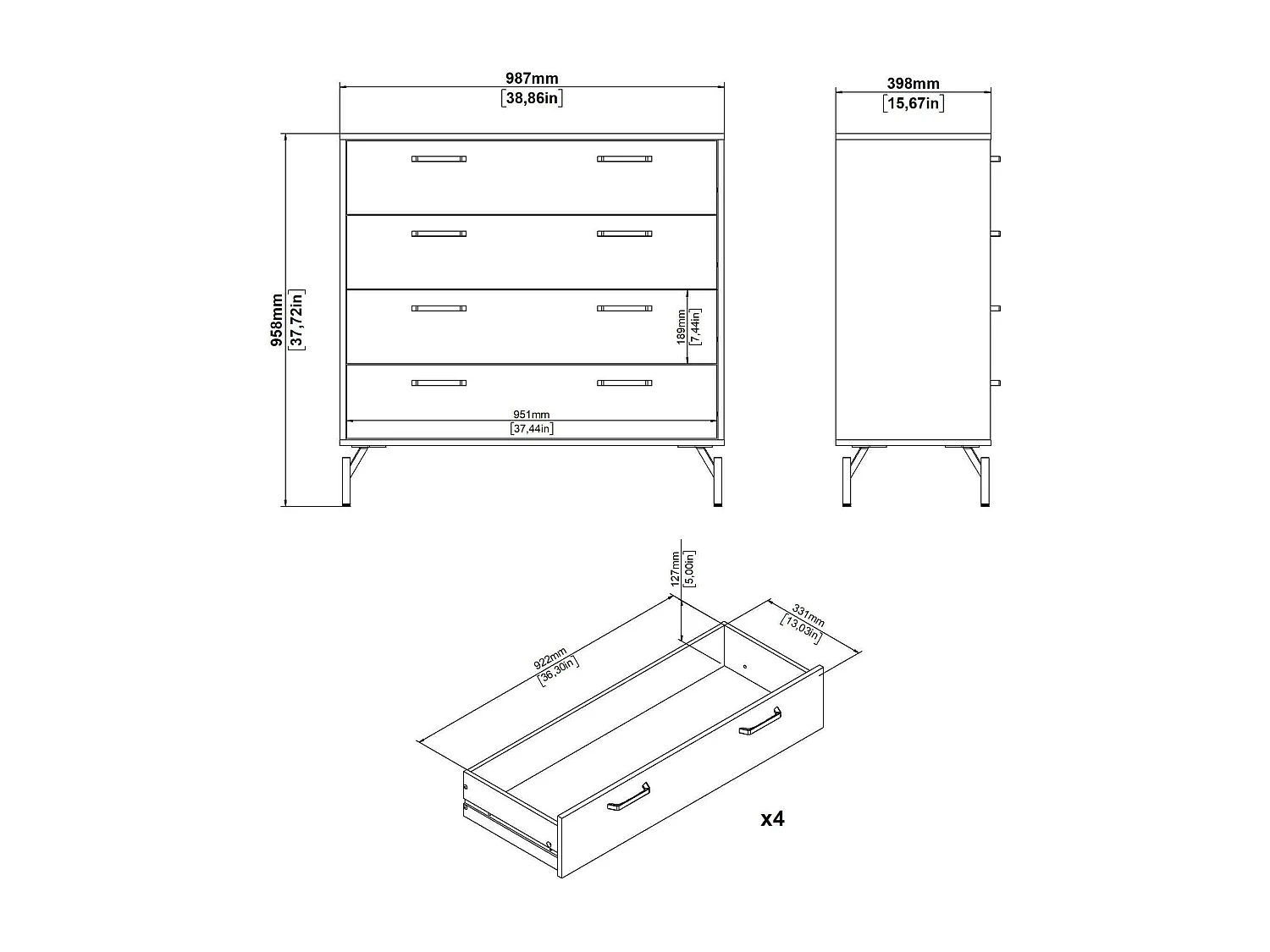 Drinald ladekast, Multifunctionele ladekast, Slaapkamerdressoir, Kast met laden, 99x40 h96 cm, Zwart