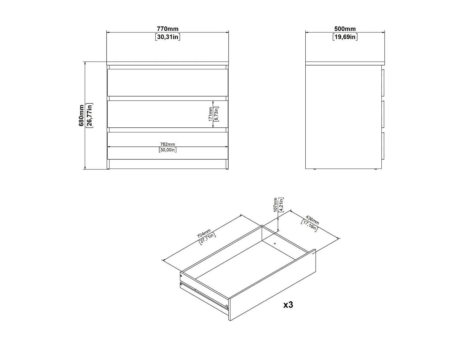 Kommode Drocc, Mehrzweckkommode, Schlafzimmerkommode, Schrank mit Schubladen, 77x50 h68 cm, Weiß