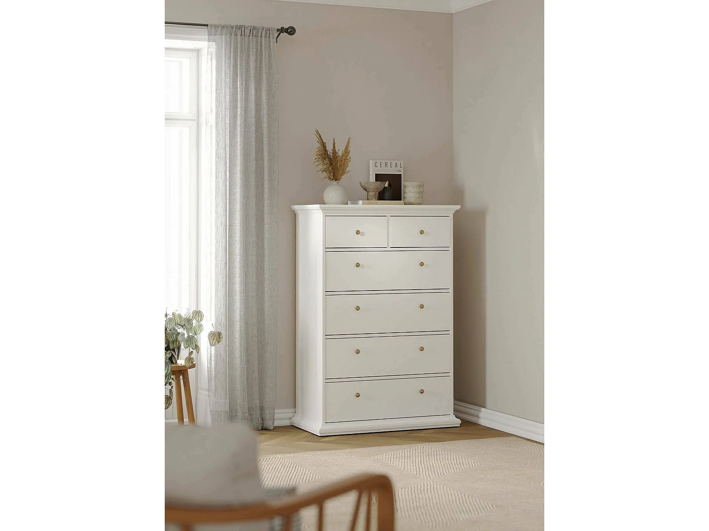 Drighett ladekast, Multifunctionele ladekast, Slaapkamerdressoir, Kast met laden, 96x49 h139 cm, Wit