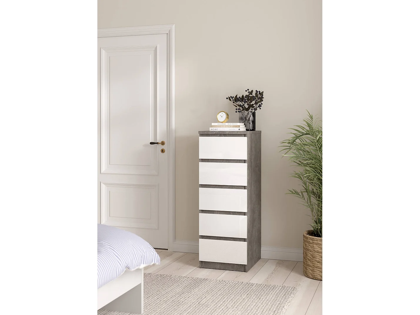 Cajonera Drobott, Cómoda multiusos, Cómoda de dormitorio, Gabinete con cajones, 50x40 h111 cm, Cemento y Blanco