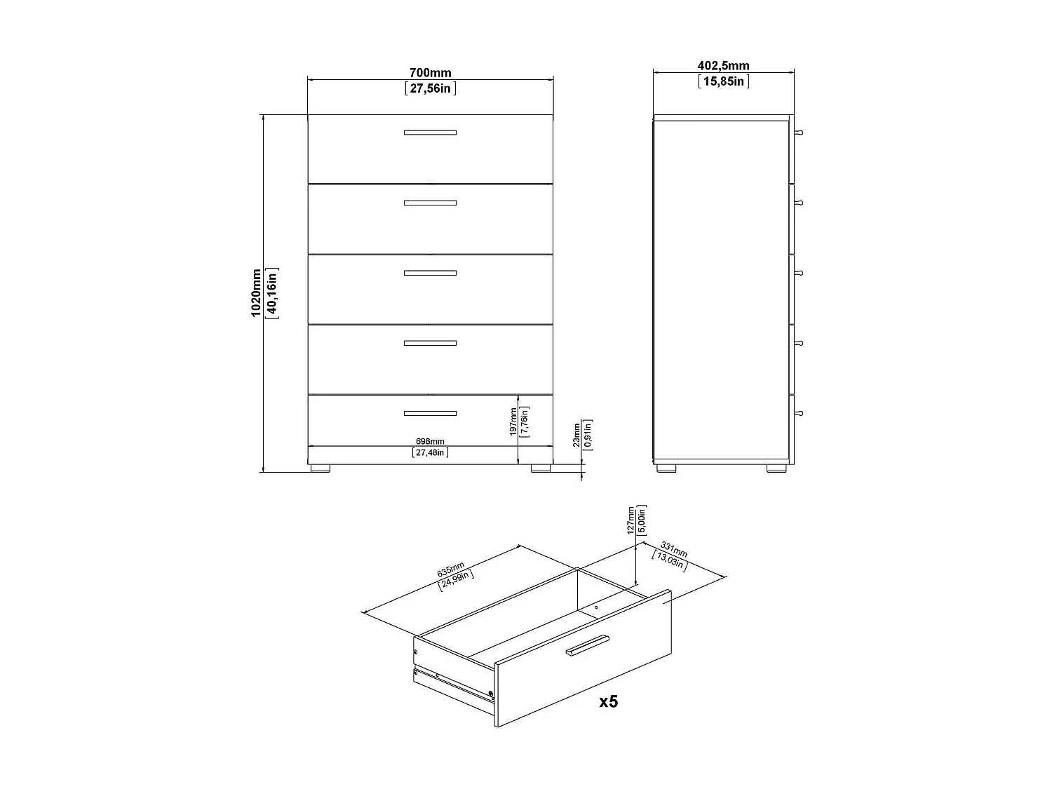 Kommode Drosell, Mehrzweckkommode, Schlafzimmerkommode, Schrank mit Schubladen, 70x40 h102 cm, Schwarz