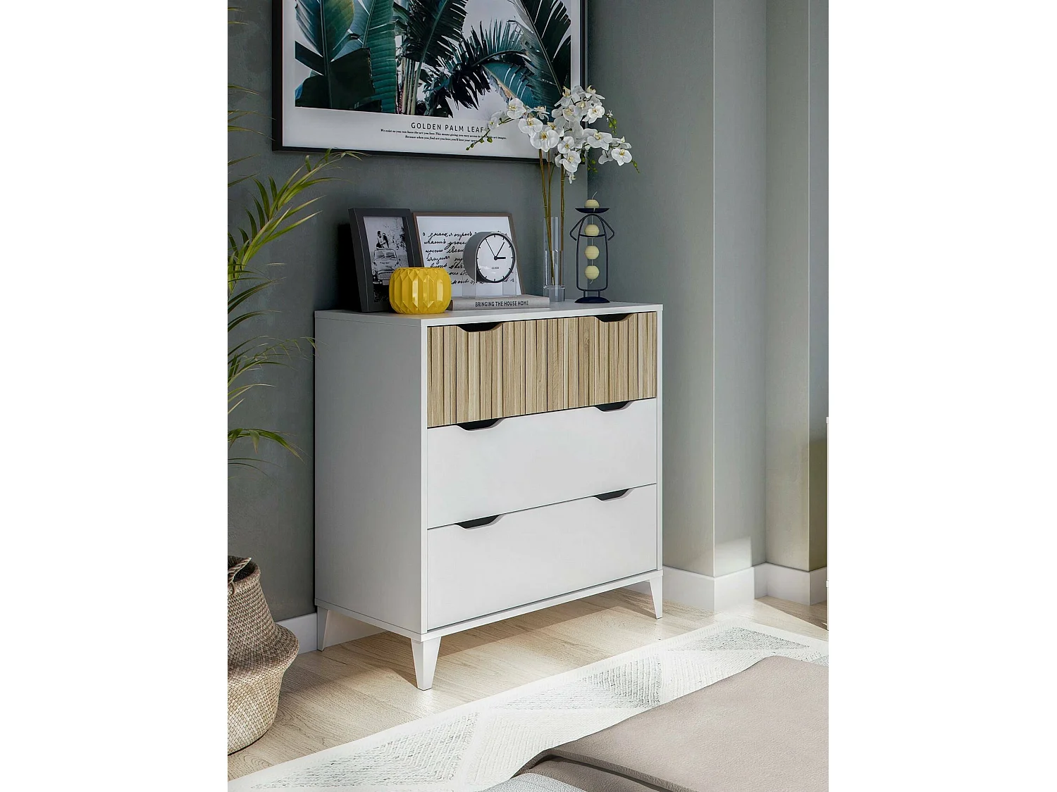 Dzof ladekast, Multifunctionele ladekast, Slaapkamerladekast, Kast met lades, 71x40 h76 cm, Wit en Eiken