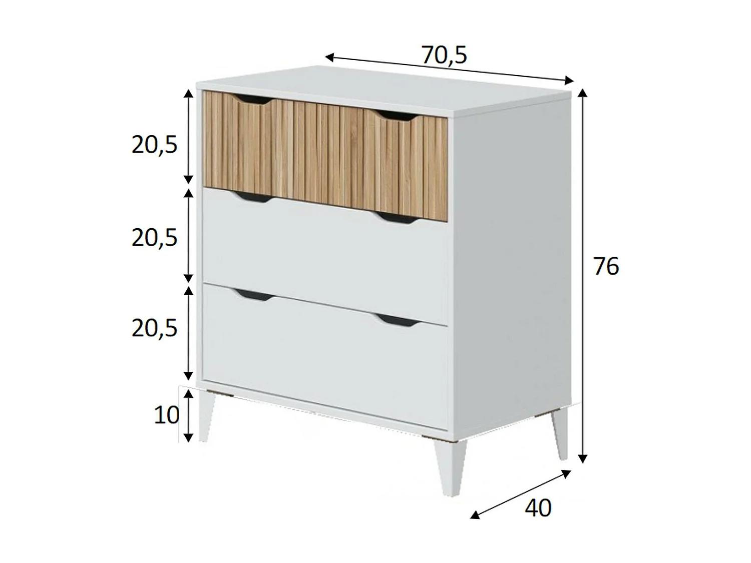 Dzof ladekast, Multifunctionele ladekast, Slaapkamerladekast, Kast met lades, 71x40 h76 cm, Wit en Eiken