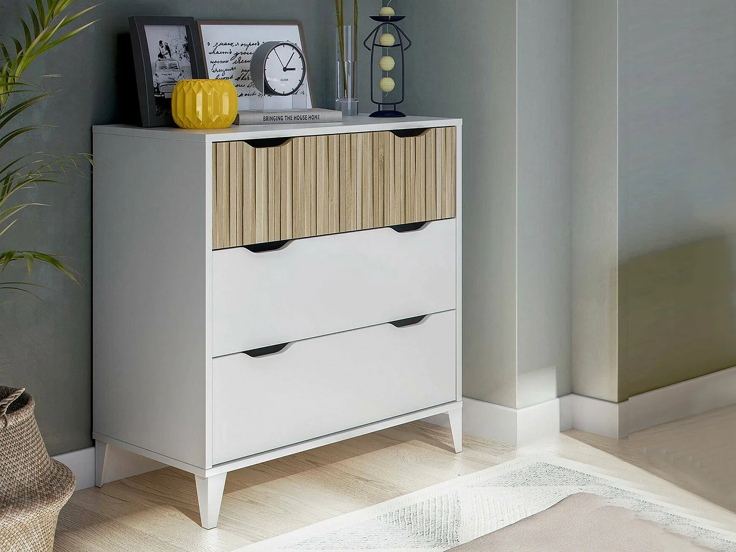 Commode Dzof, Commode polyvalente, Commode de chambre, Meuble avec tiroirs, 71x40 h76 cm, Blanc et Chêne clair