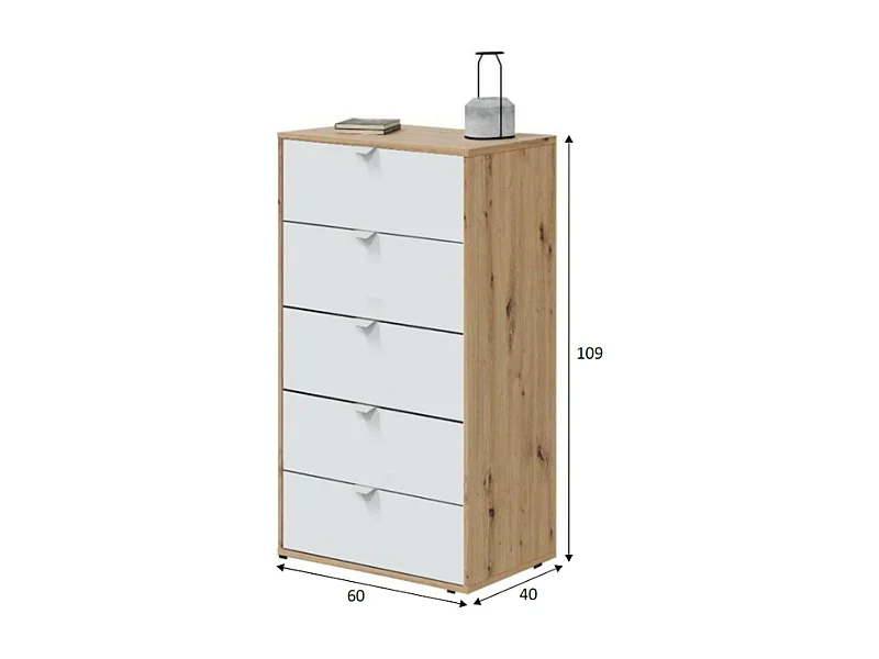 Commode Dzill, Commode polyvalente, Commode de chambre, Meuble avec tiroirs, 60x40 h109 cm, Blanc et n?uds de chêne clair