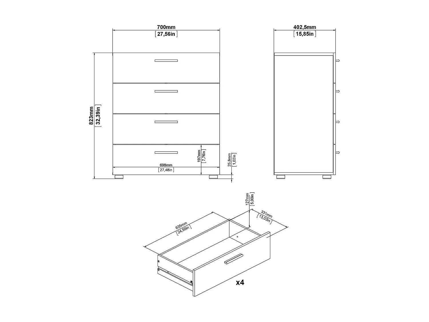 Commode Dromagn, Commode polyvalente, Commode de chambre, Meuble avec tiroirs, 70x40 h82 cm, Chêne et Blanc
